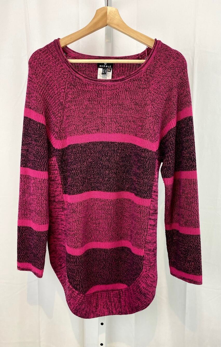 MARBLE Size L Marled Stripe Sweater Side Slit Long Sleeve Pullover Pink Gray